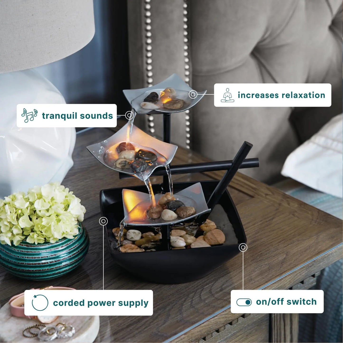 Tabletop Water Fountain,  Automatic Pump, Deep Basin & Natural River Rocks.