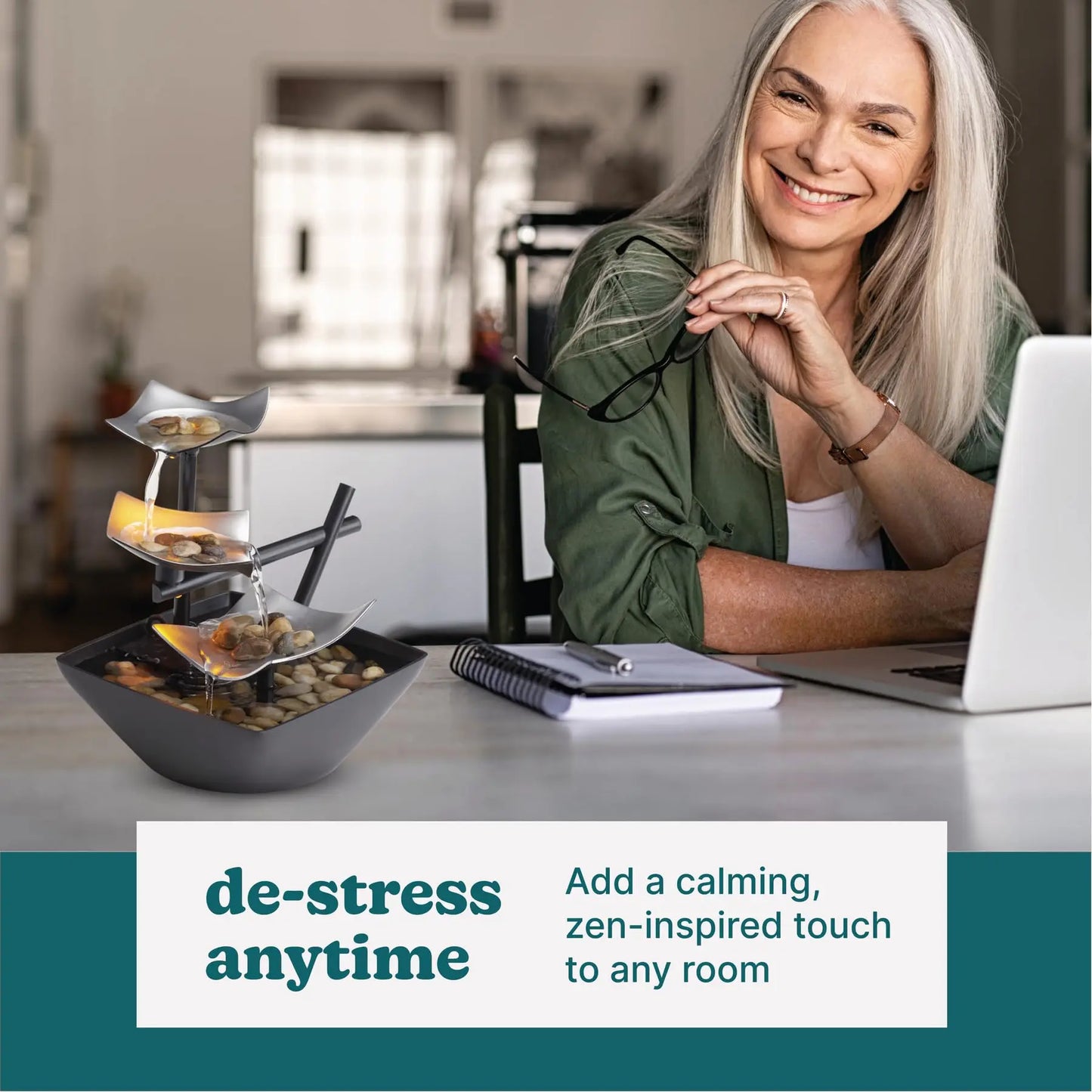 Tabletop Water Fountain,  Automatic Pump, Deep Basin & Natural River Rocks.