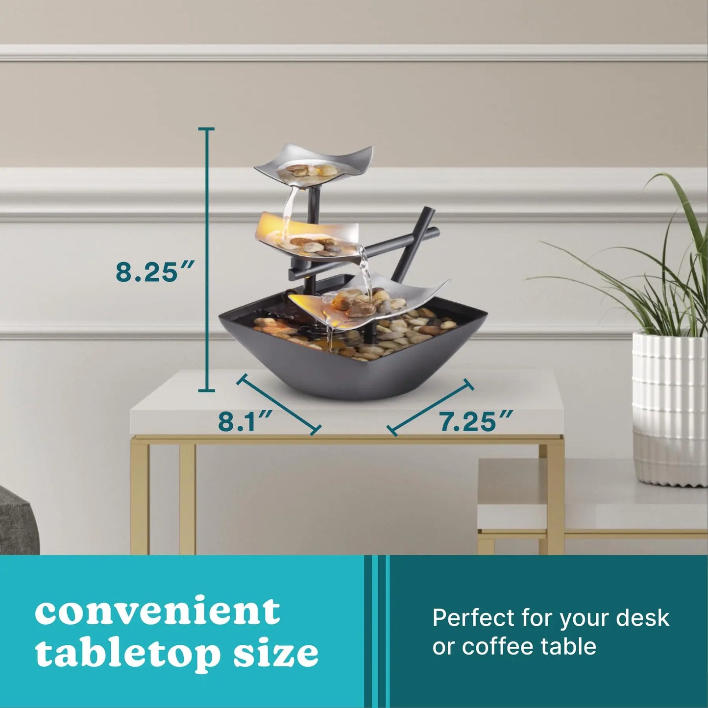 Tabletop Water Fountain,  Automatic Pump, Deep Basin & Natural River Rocks.